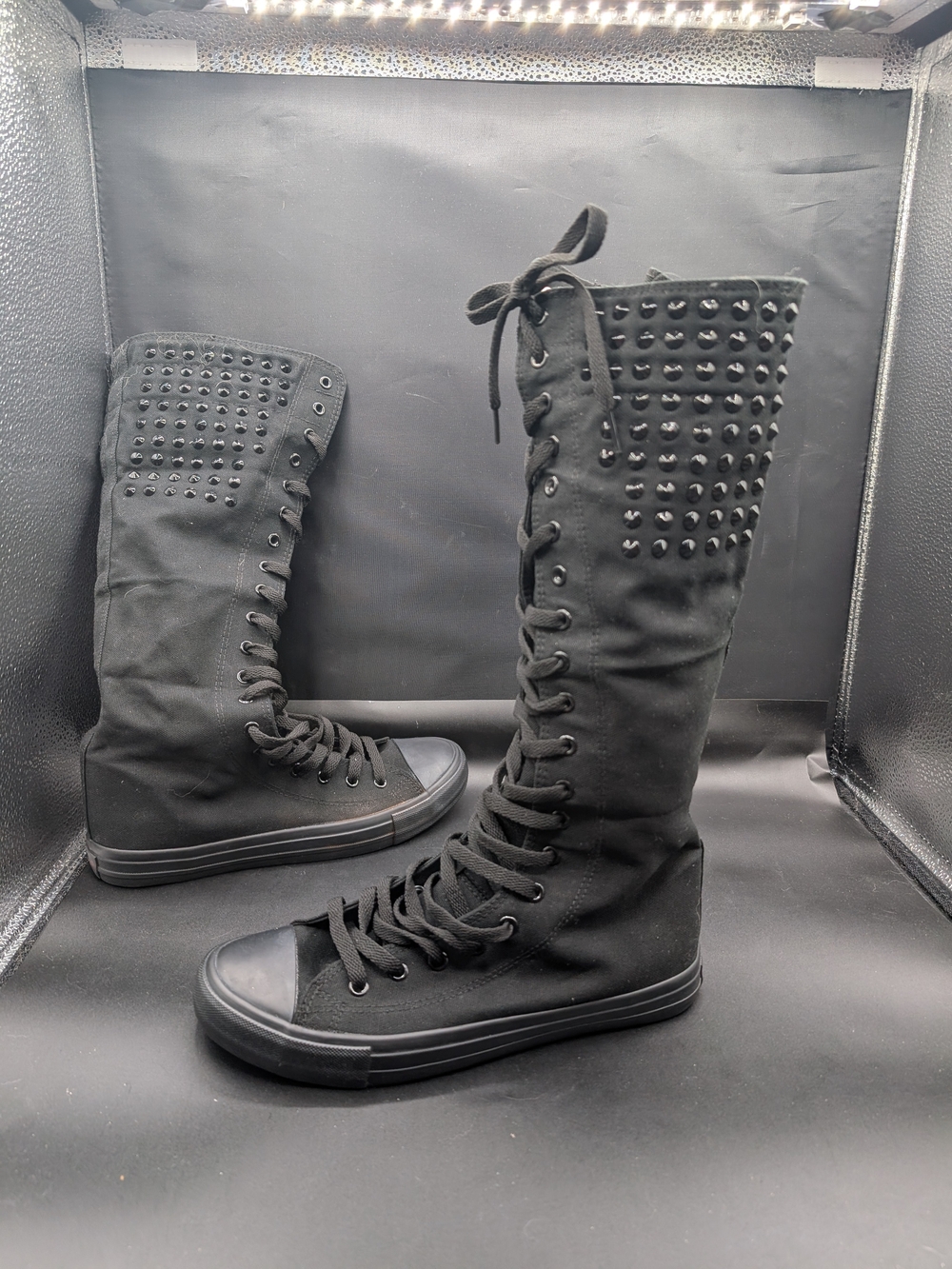 Black Studded Knee-High Lace-Up Women’s Sneakers
